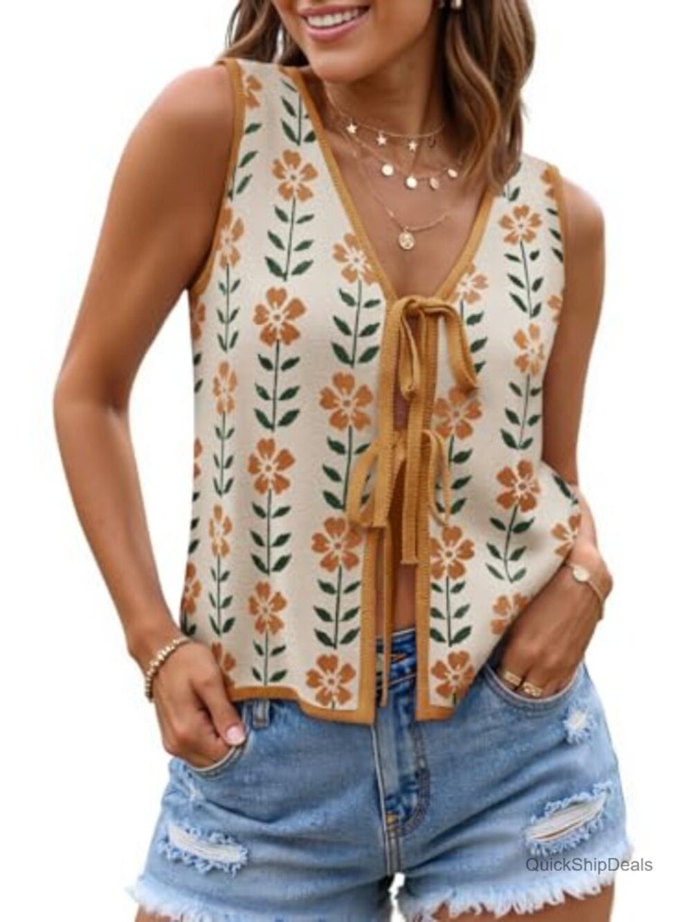 Women's Summer Tie Front Sweater Vest Loose Fit Sleeveless V-Neck Knit Top